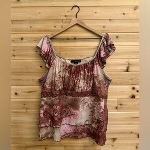 Y2K Venezia XL Brown Pink Paisley Babydoll Lettuce Trim Blouse Flutter Sleeve